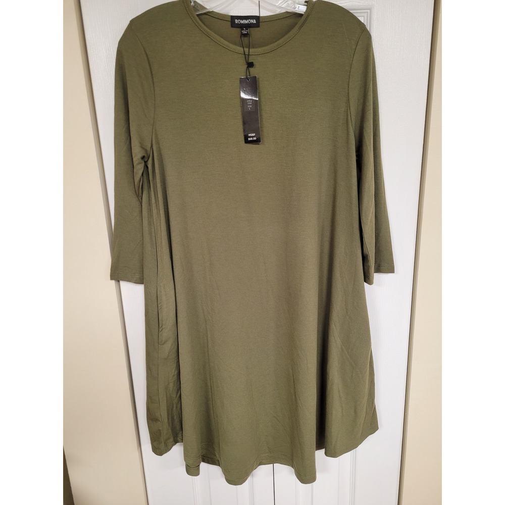 Romimona Olive Green Dress Womens Large‎ L 3/4 Sleeve Casual Swing Comfy NWT
